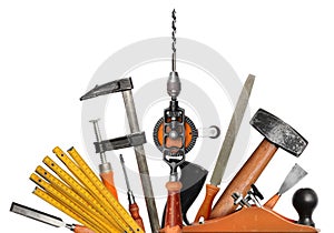 Authentic DIY carpenter hand tools set on white background