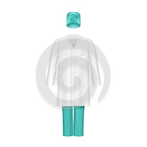 Realistic doctor coat clothes. Medical laboratory uniform, hat, robe, trousers. Lab worker clothing