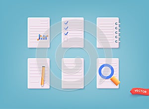 Realistic documents icon. Work documentation files. Confirmed or approved document. Business icon. 3D Web Vector Illustration