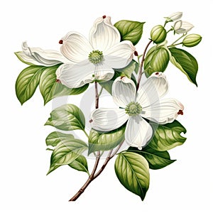 Realistic Dogwood Blossoms On White Background - Vignette Illustration