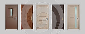 Realistic doors. 3D wooden home entry front doors, white and brown office inside entry. Vector set isolated on white