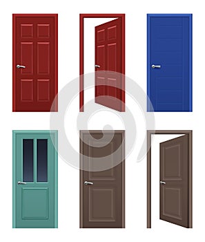 Realistic doors. Open and closed apartment entrance doors different colors vector pictures