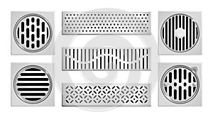 Realistic Drainage Grates Shower Icon Set