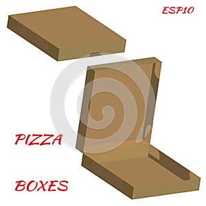 Realistic drawing of cardboard box for pizza. The box is closed and open in brown color on white background.