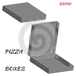 Realistic drawing of cardboard box for pizza. Box is closed and open in gray color on white background.