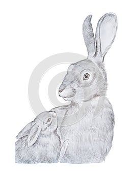 Realistic drawing of gray mother rabbit and her baby hand-drawn