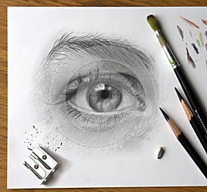 Realistic drawing of a human eye. The process of working on the artistÃ¢â¬â¢s desktop with art materials photo