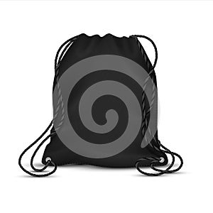Realistic drawstring bag. Black sport backpack template with ropes, blank accessory rucksack. Vector isolated template