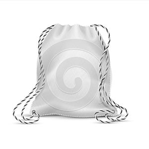 Realistic drawstring bag. White cloth bag with ropes, 3D isolated sport rucksack or accessory pack mockup. Vector