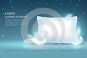 Realistic dream concept. Comfort sleep, bed relax pillow with feathers mockup, clouds stars on night sky. Dream 3D