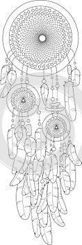 Realistic dreamcatcher with feathers sketch template. Graphic vector illustration in black and white