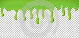 Realistic dripping slime. Green paint drips and flowing. Radioactive splashes liquid and blobs for halloween design isolated on