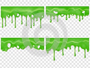 Realistic dripping slime. Seamless green stain of drippings poison drops. Mucus drip drop 3D realistic vector illustration