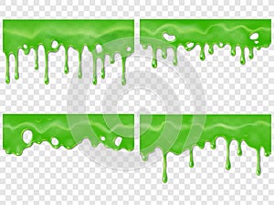 Realistic dripping slime. Seamless green stain of drippings poison drops. Mucus drip drop 3D realistic vector photo