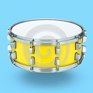 Realistic drum on blue background. 3d render concept of musical instrument