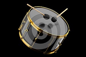 Realistic drum and wooden drum sticks on black. 3d render of musical instrument