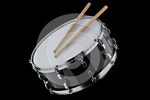 Realistic drum and wooden drum sticks on black. 3d render of musical instrument