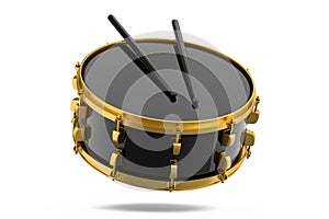 Realistic drum and wooden drum sticks on white. 3d render of musical instrument