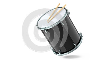 Realistic drum and wooden drum sticks on white. 3d render of musical instrument