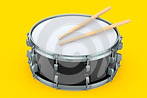 Realistic drum and wooden drum sticks on yellow. 3d render of musical instrument