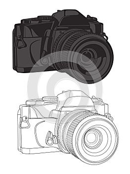 Realistic DSLR Camera Black and White Vector Illustration Graphic Set