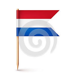 Realistic Dutch toothpick flag. Souvenir from Netherlands. Wooden toothpick with paper flag. Location mark, map pointer