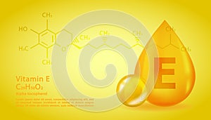 Realistic E Alpha Tocotrienol Vitamin drop with structural chemical formula. 3D Vitamin molecule E Alpha Tocotrienol