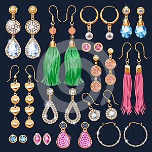 Realistic earrings jewelry accessories icons set.