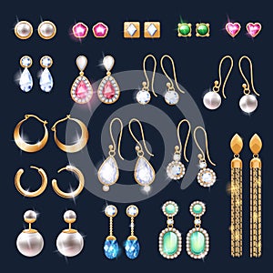 Realistic earrings jewelry accessories icons set.