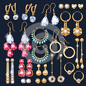 Realistic earrings jewelry accessories icons set.