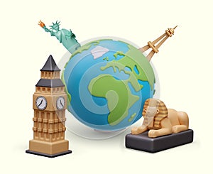 Realistic Earth, Eiffel Tower, Statue of Liberty, Big Ben, Great Sphinx