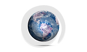 Realistic Earth Planet America Continent with Blue Atlantic Ocean. 3d Sphere map for science and Geography isolated on white