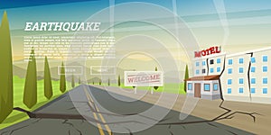 Realistic earthquake with ground crevice and ruined house with crack. Natural disaster or cataclysm, catastrophe and