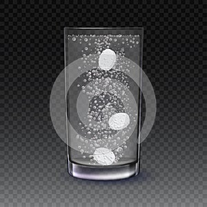 Realistic effervescent three tablets in glass of water. Realistic effervescent pill with bubbles dissolving in glass of