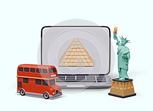 Realistic with Egyptian pyramid on screen. 3D Statue of Liberty, double decker red bus
