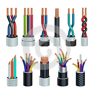 Realistic electric industrial cables, electrical copper wires vector set isolated