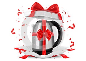 Realistic electric kettle with red ribbon and bow inside open gift box. Gift concept. Kitchen appliances. Isolated 3d vector