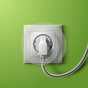 Realistic electric white socket and plug on green