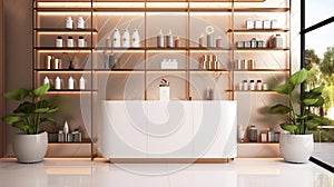 Realistic, elegant and stylish beauty salon shop interior, glamour rose gold products display shelves and counter with green decor