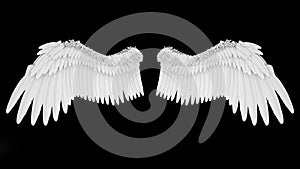 Realistic elegant white angel wings isolated on black background, 3D rendering