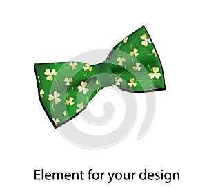 Realistic element for design. Green bow tie. Print for St. Patrick`s Day. Clover or trefoil. illustration isolated on a white