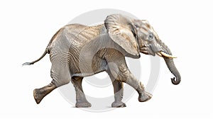 Realistic elephant on white background. AI-generated image of an elephant walking. Suitable for educational and