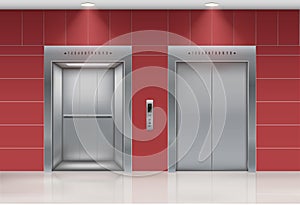 Realistic elevator. Open and closed sliding metal doors. Building hallway interior. Steel indoor lift. Walls and floor