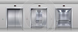 Realistic elevators. Closed open and half closed metallic cabin doors of passenger and cargo lift or indicator. Vector photo