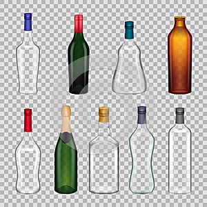 Realistic empty alcohol bottle set. Transparent glass containers for alcoholic beverages