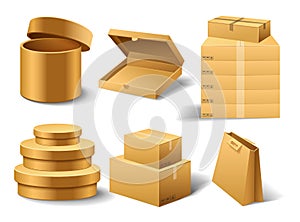 Realistic empty cardboard box Opened. Brown delivery. Carton package with fragile sign on transparent white background