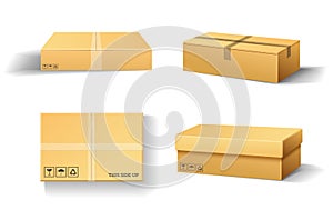 Realistic empty cardboard box Opened. Brown delivery. Carton package with fragile sign on transparent white background