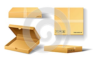 Realistic empty cardboard box Opened. Brown delivery. Carton package with fragile sign on transparent white background