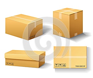 Realistic empty cardboard box Opened. Brown delivery. Carton package with fragile sign on transparent white background