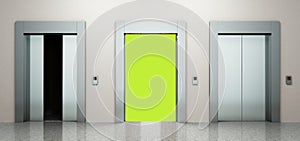 Realistic empty elevators hall interior with waiting lift marble